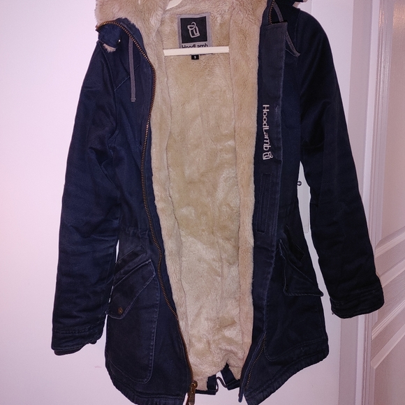 Navy Blue Hemp Hoodlamb Winter Coat - Picture 4 of 8